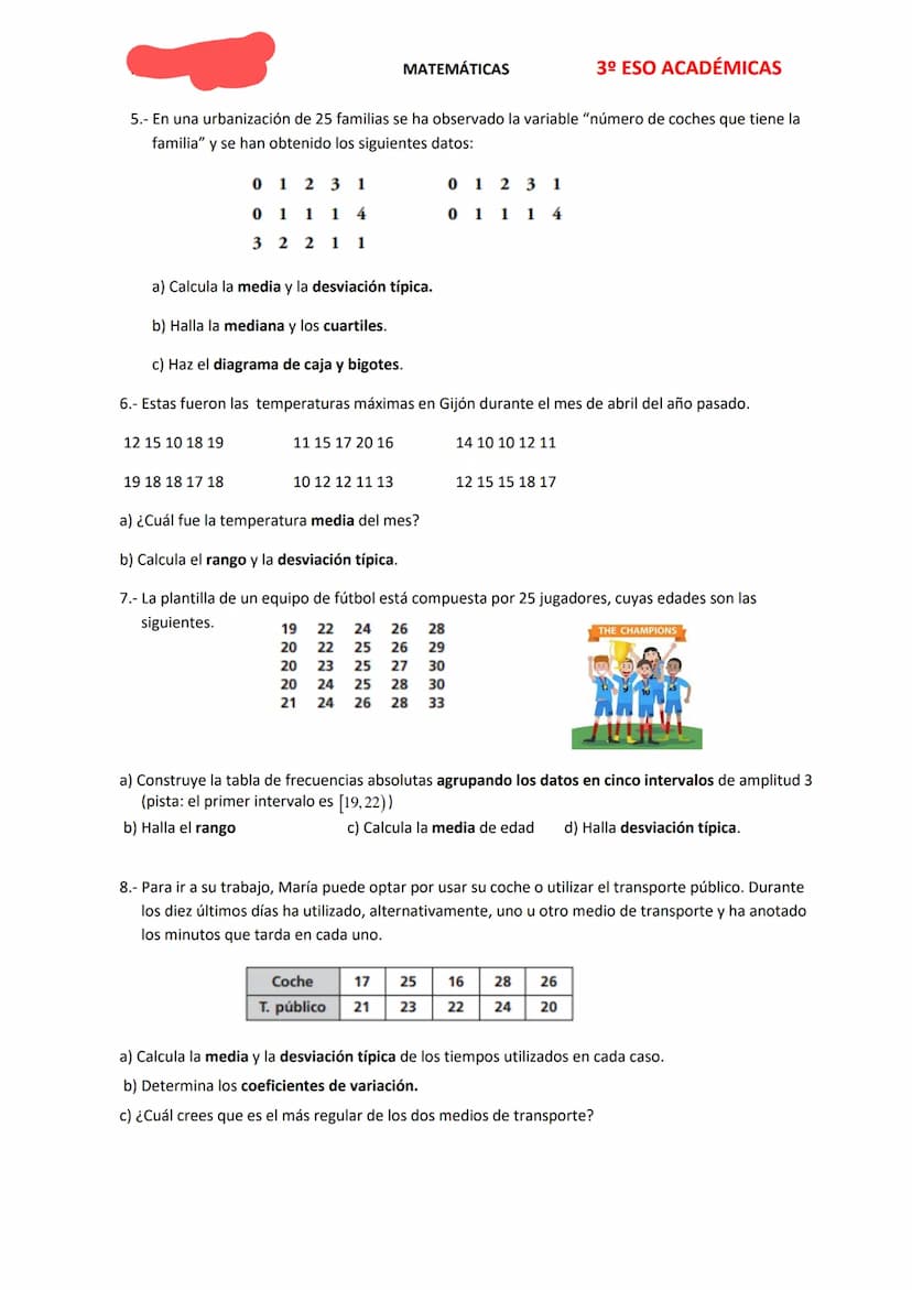 MATEMÁTICAS
ESTADÍSTICA UNIDIMENSIONAL
1.- Clasifica las siguientes variables estadísticas en cualitativas o cuantitativas (especificando, e