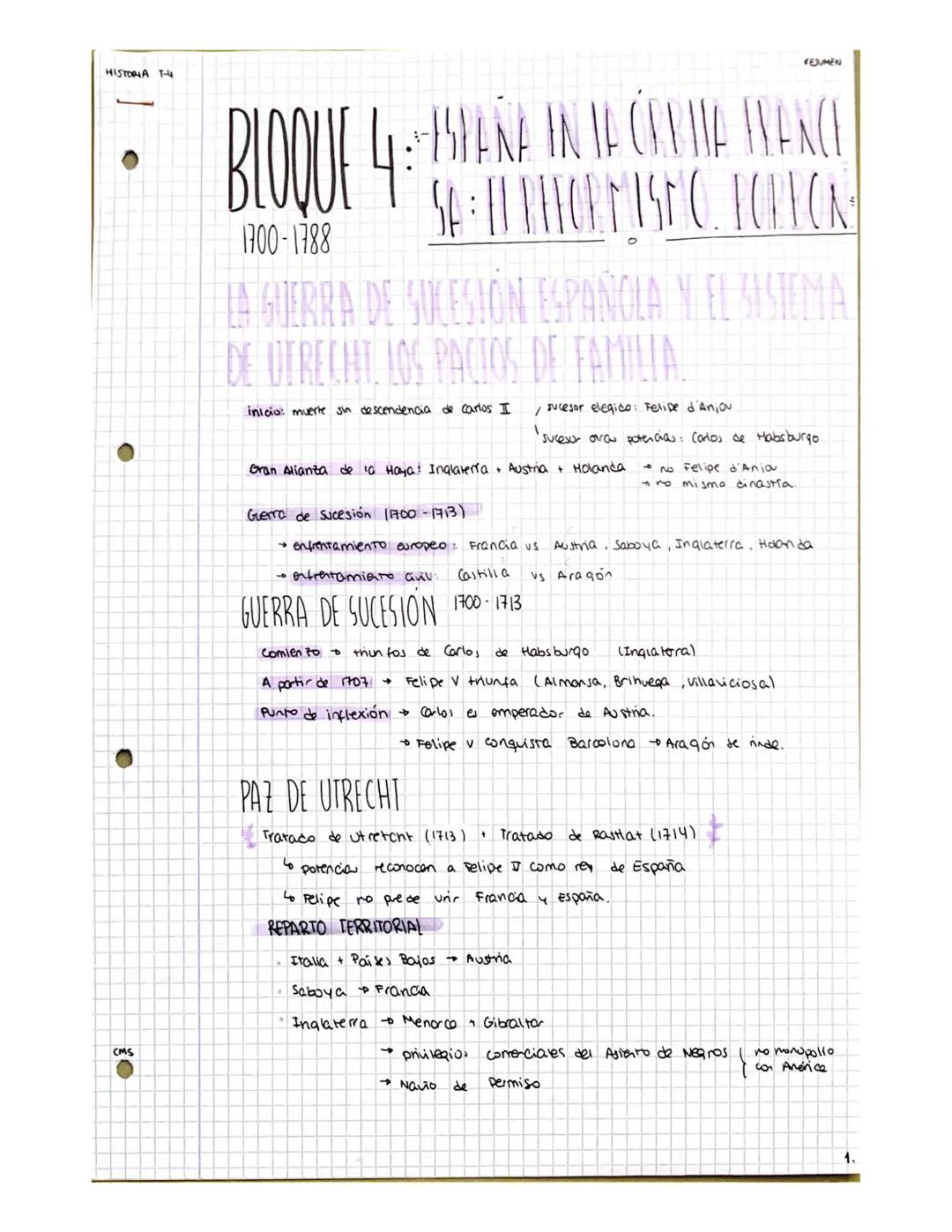EPÍGRAFE 4
4.1 LA GUERRA DE SUCESIÓN ESPAÑOLA Y EL SISTEMA DE UTRECHT. LOS
PACTOS DE FAMILIA.
En el año 1700 Carlos II muere sin descendenci
