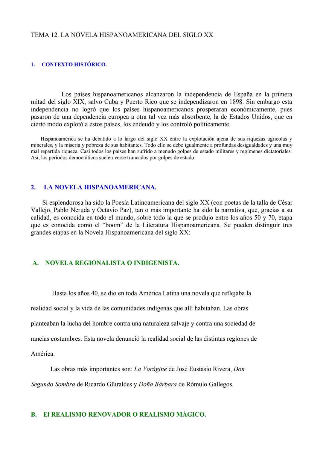 # TEMA 12. LA NOVELA HISPANOAMERICANA DEL SIGLO XX

1. CONTEXTO HISTÓRICO.

Los países hispanoamericanos alcanzaron la independencia de Espa