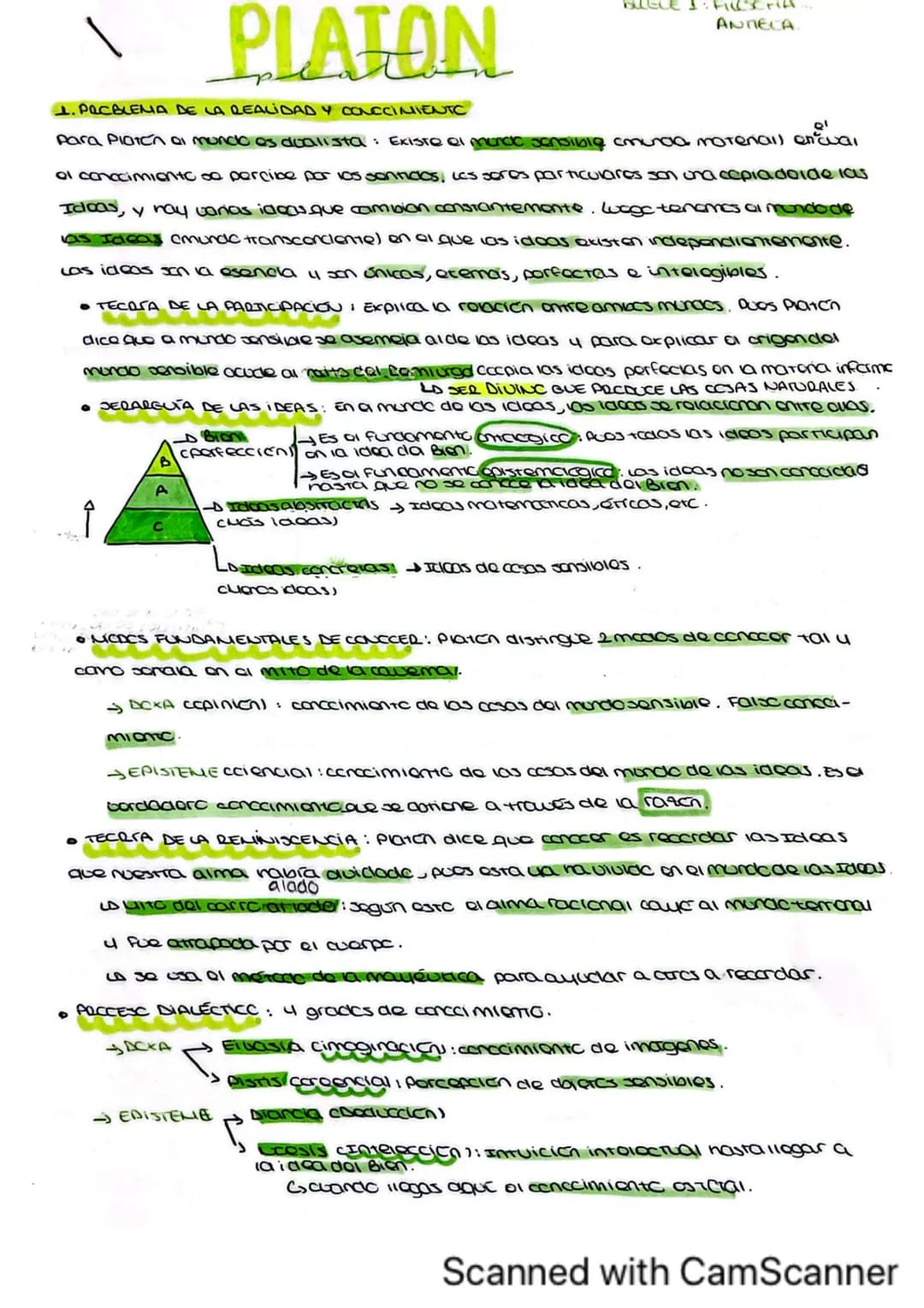 PLATON
1. PACBLEMA DE LA REALIDAD Y CONOCIMIENTO
BillLE 1: Ficceriff
ANTECA.
Para Platón al mundo es dualista: Existe el mundo sensible cmun