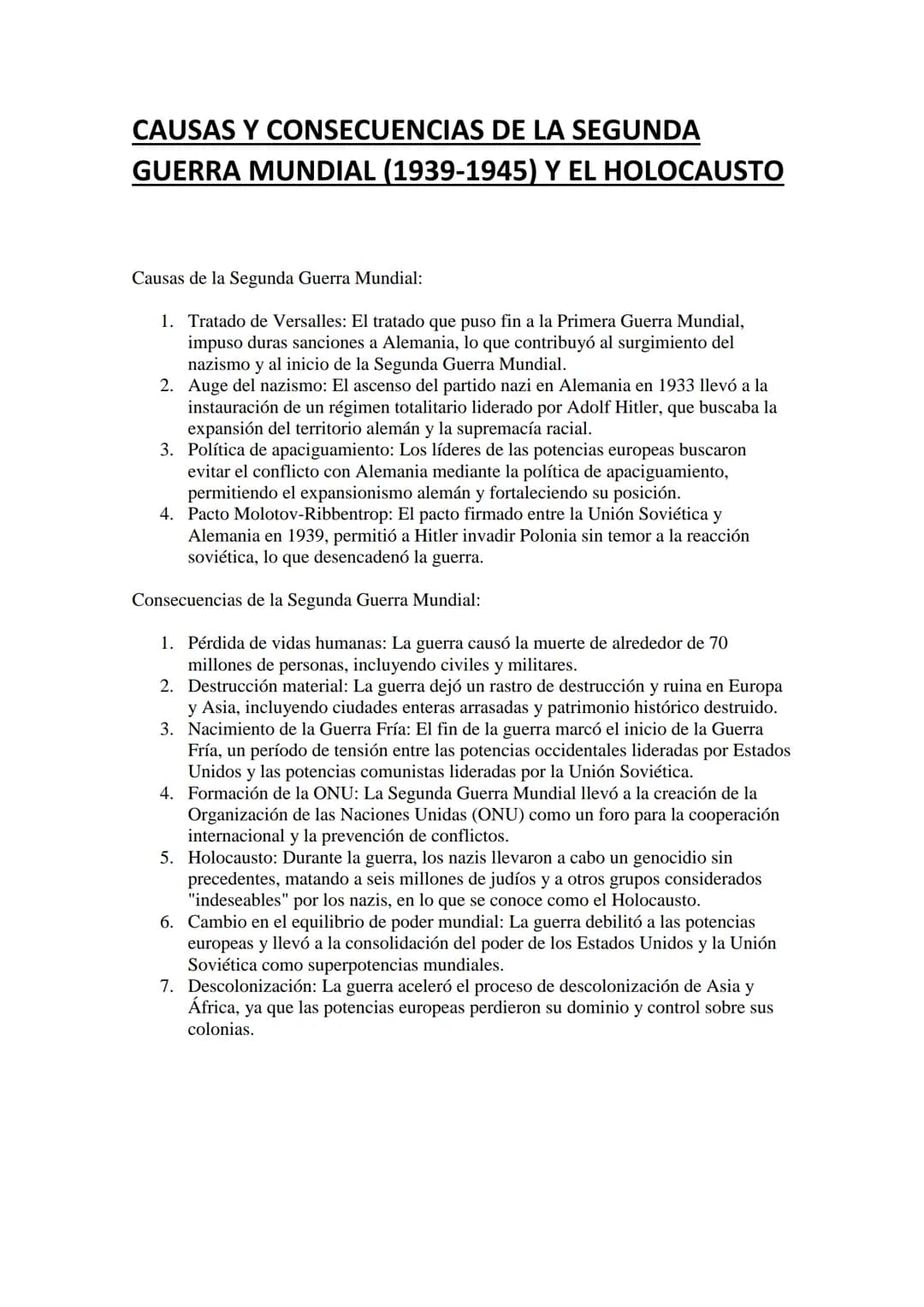 
<h2 id="lascausasdelasegundaguerramundial">Las causas de la Segunda Guerra Mundial</h2>
<ol>
<li><p><strong>Tratado de Versalles:</strong> 