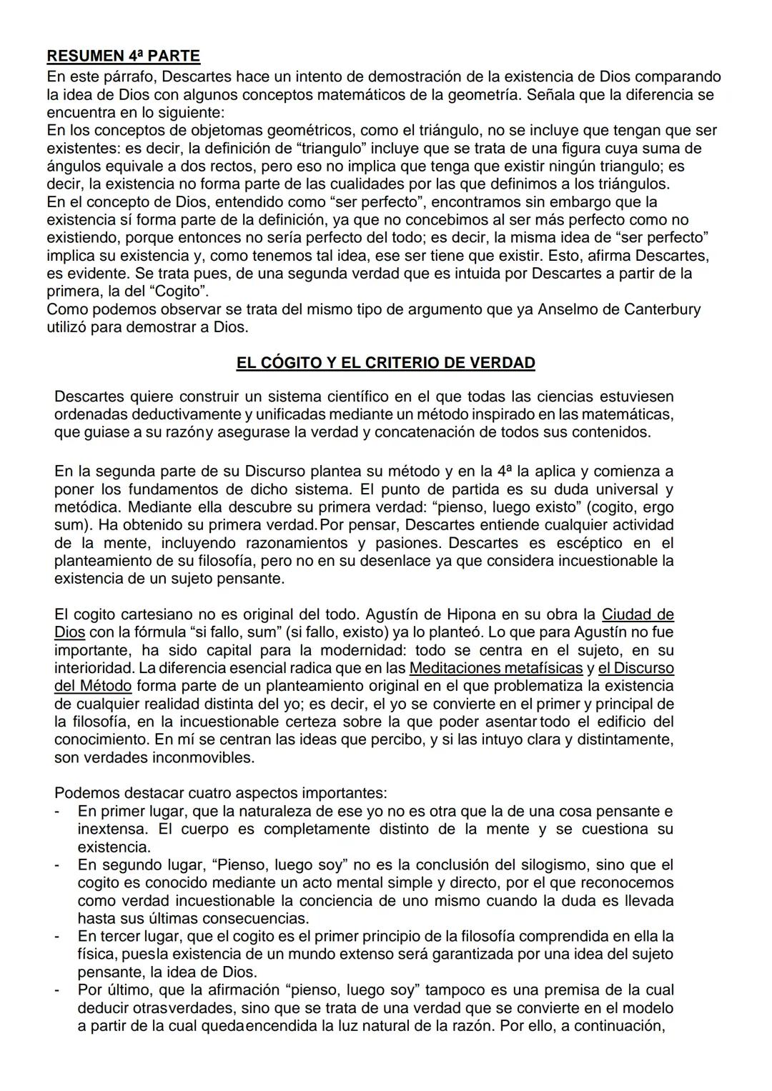 COMENTARIO DE DESCARTES
RESUMEN 1ª PARTE
Descartes en este párrafo explica la búsqueda de una primera verdad indudable, sobre la que
constru