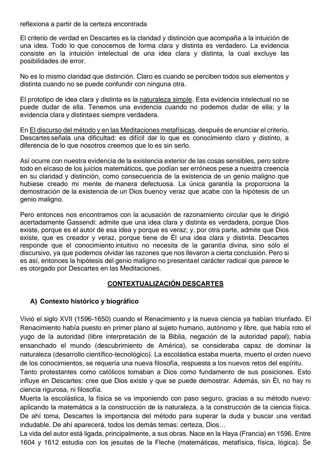 COMENTARIO DE DESCARTES
RESUMEN 1ª PARTE
Descartes en este párrafo explica la búsqueda de una primera verdad indudable, sobre la que
constru