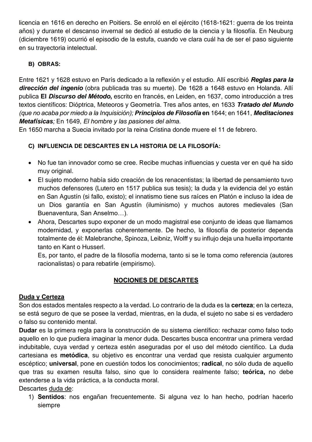 COMENTARIO DE DESCARTES
RESUMEN 1ª PARTE
Descartes en este párrafo explica la búsqueda de una primera verdad indudable, sobre la que
constru