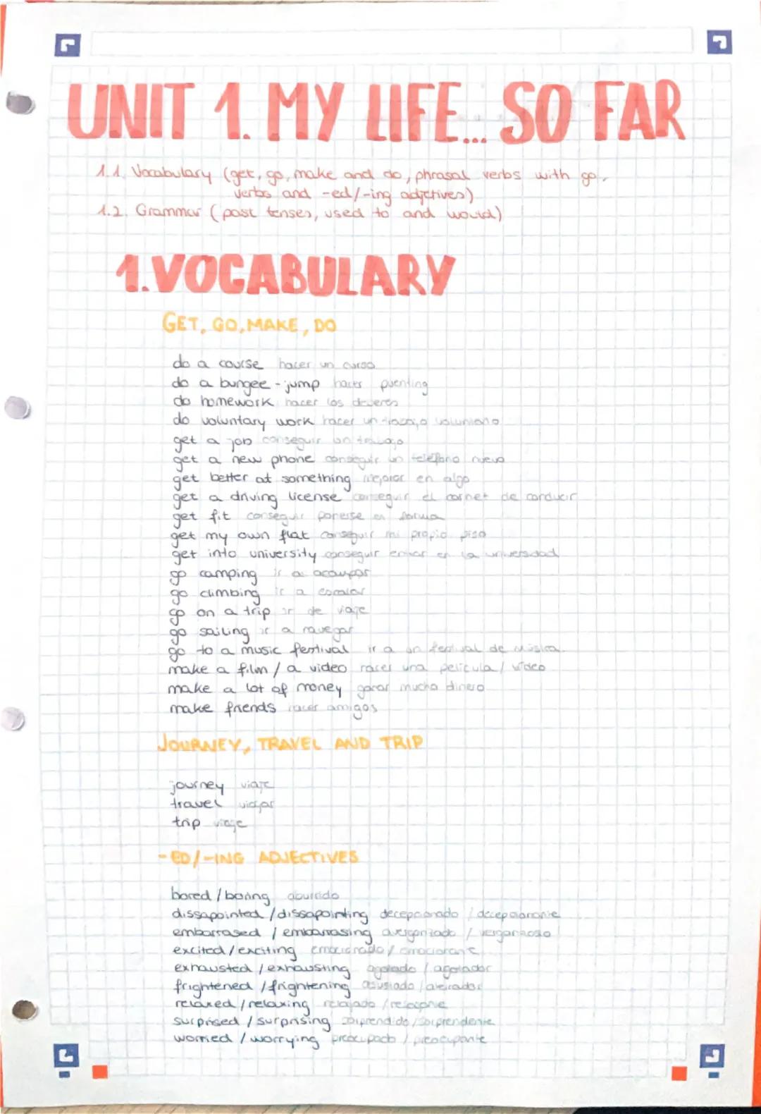 ات
UNIT 1. MY LIFE SO FAR
11. Vocabulary (get, go, make and do, phrasal verbs with go
verbs and -ed/-ing adjctives).
1.2. Grammer (past tens
