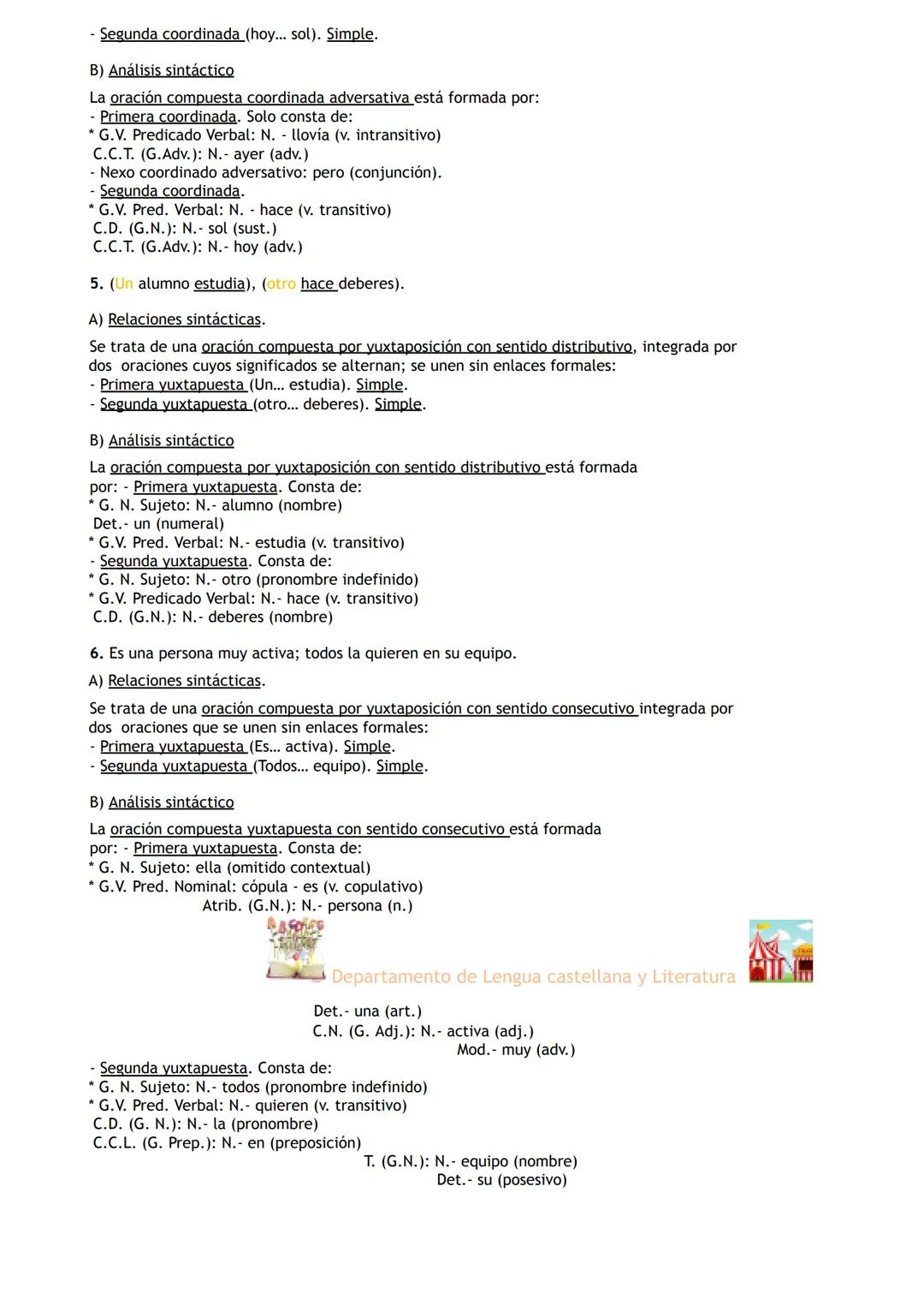 Departamento de Lengua castellana y Literatura
ORACIONES COMPUESTAS COORDINADAS
- Formadas por dos o más oraciones del mismo nivel sintáctic