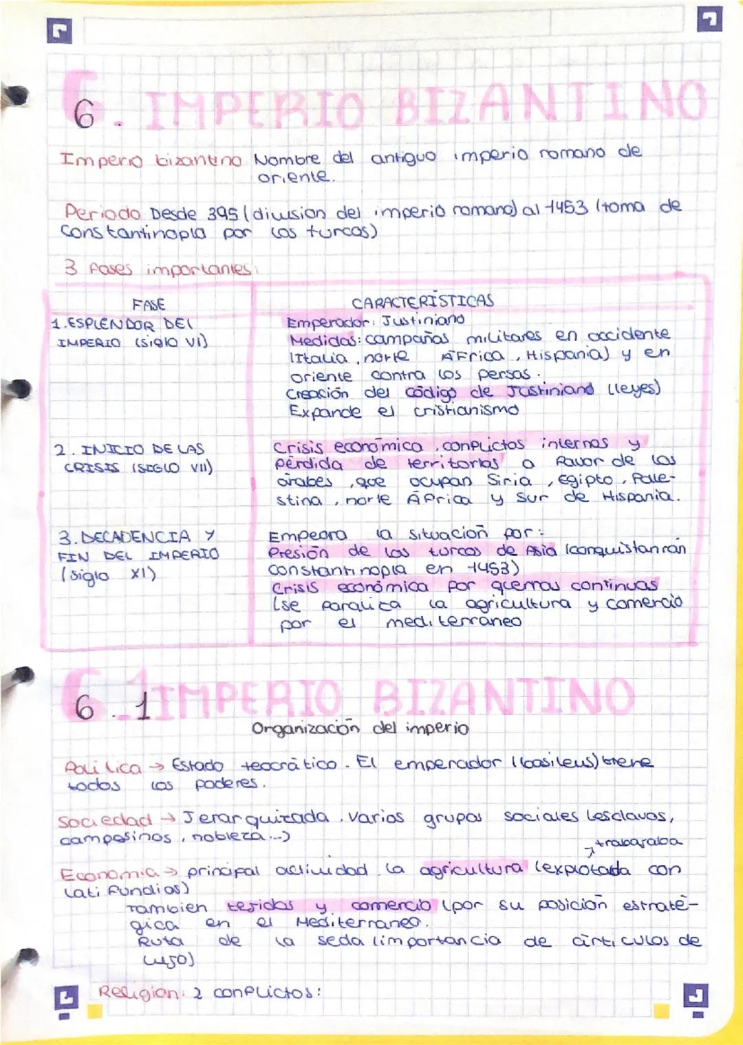 # 6. IMPERIO BIZANTINO

Imperio bizantino Nombre del antiguo imperio romano de
oriente.

Periodo desde 395 (division del imperio romano) al 