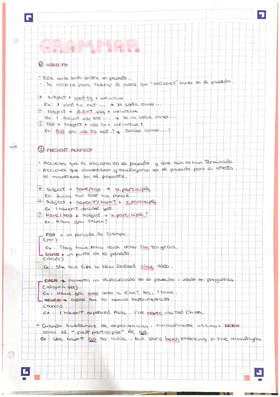 # GRAMMAR

① USED TO

*   Este vertes solo existe en pasado.
*   Se utieiza para habear de casas que "soliamas" hacer en el pasado.

*   sub