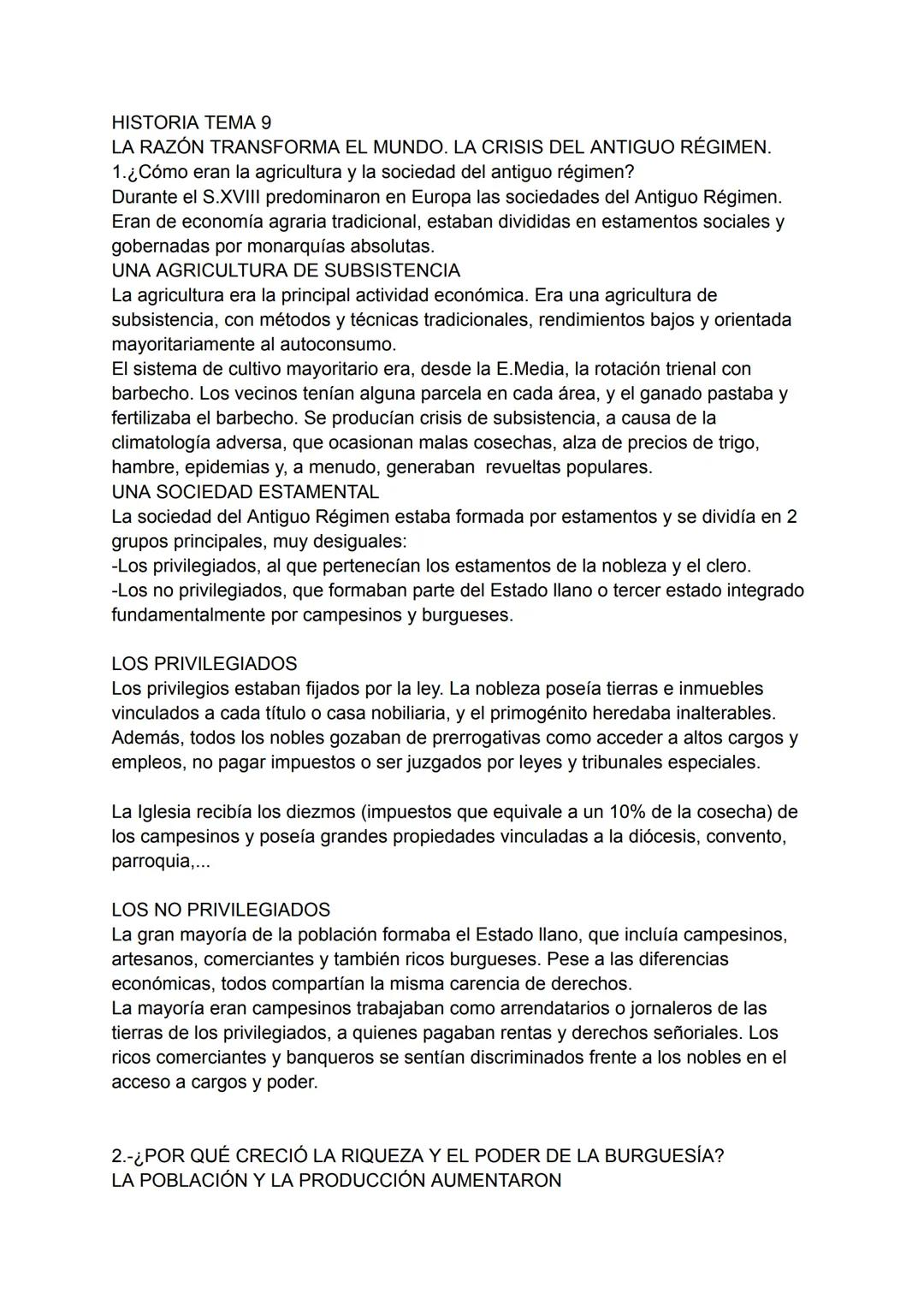 HISTORIA TEMA 9
LA RAZÓN TRANSFORMA EL MUNDO. LA CRISIS DEL ANTIGUO RÉGIMEN.
1.¿Cómo eran la agricultura y la sociedad del antiguo régimen?
