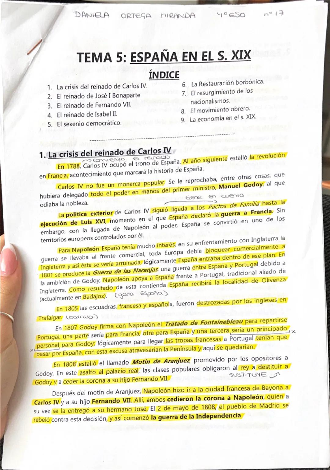 --- OCR Start ---
DANIELA
ORTESA MIRANDA
4ºESO
n°17
TEMA 5: ESPAÑA EN EL S. XIX
ÍNDICE
1. La crisis del reinado de Carlos IV.
2. El reinado 