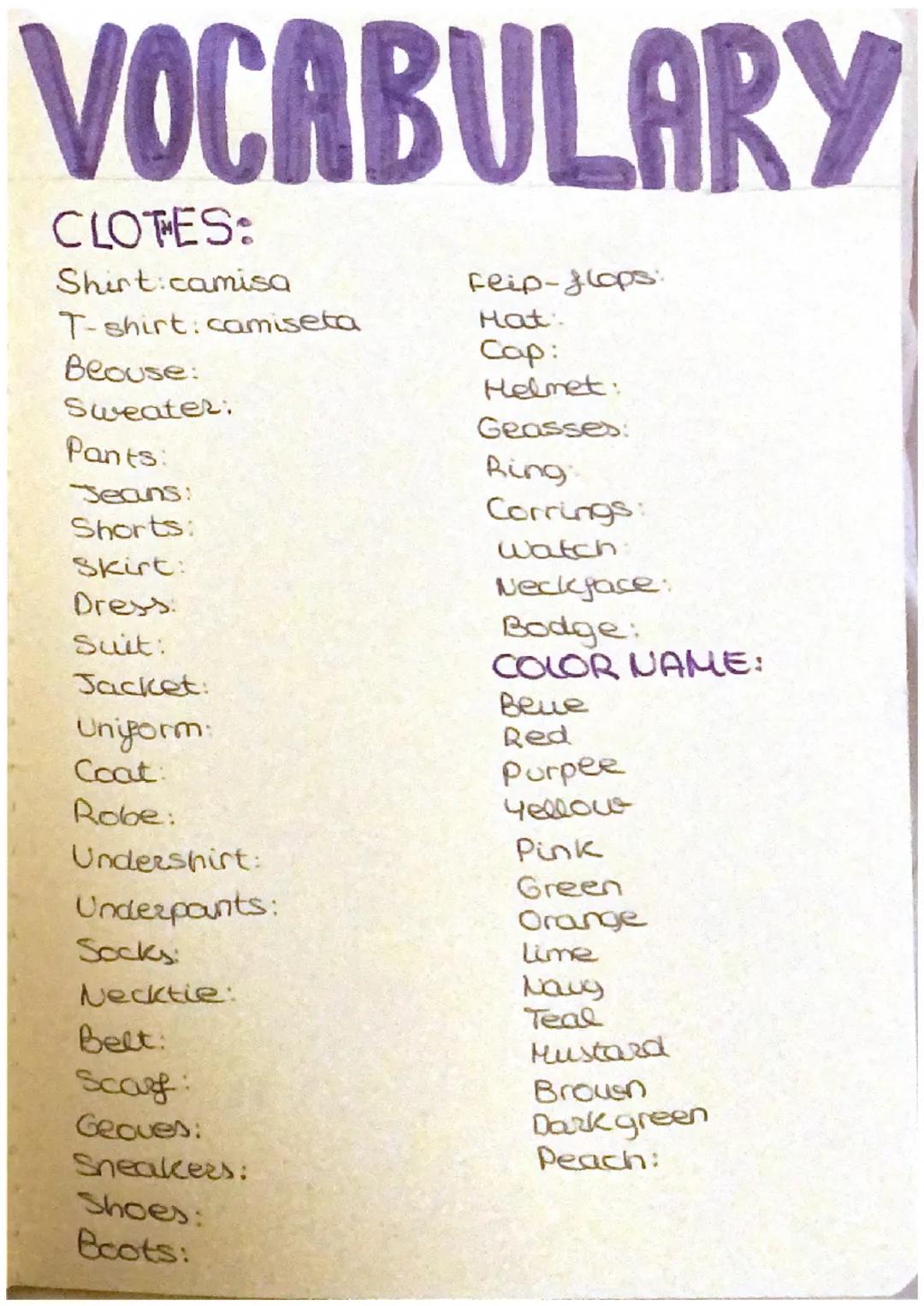 # VOCABULARY

CLOTES:
Shirt camisa
T-shirt:camiseta
Blouse:
Sweater:
Pants:
Jeans:
Shorts:
Skirt:
Dress:
Suit:
Jacket:
Uniform:
Coat
Robe:
U