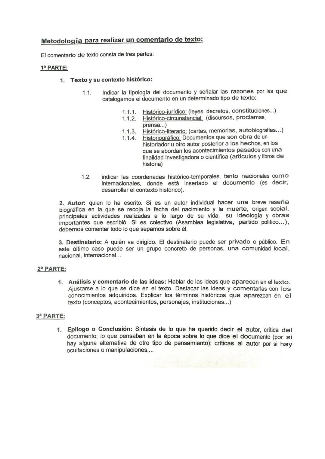 Metodología para realizar un comentario de texto:
El comentario de texto consta de tres partes:
1ª PARTE:
1. Texto y su contexto histórico:
