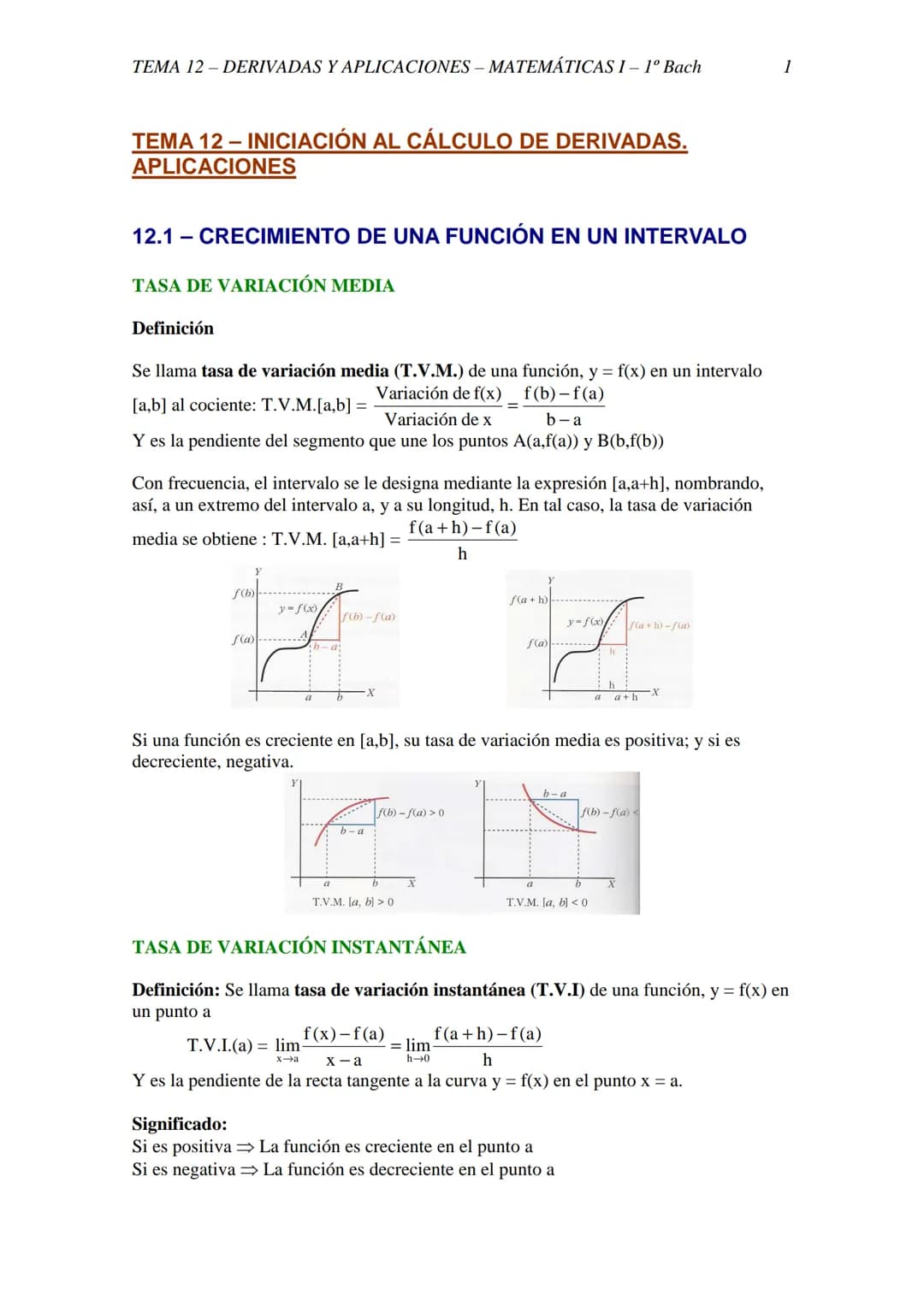TEMA 12-DERIVADAS Y APLICACIONES - MATEMÁTICAS I - 1º Bach
TEMA 12 - INICIACIÓN AL CÁLCULO DE DERIVADAS.
APLICACIONES
12.1 - CRECIMIENTO DE 