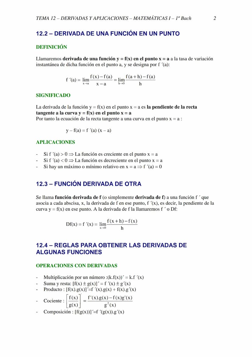 TEMA 12-DERIVADAS Y APLICACIONES - MATEMÁTICAS I - 1º Bach
TEMA 12 - INICIACIÓN AL CÁLCULO DE DERIVADAS.
APLICACIONES
12.1 - CRECIMIENTO DE 
