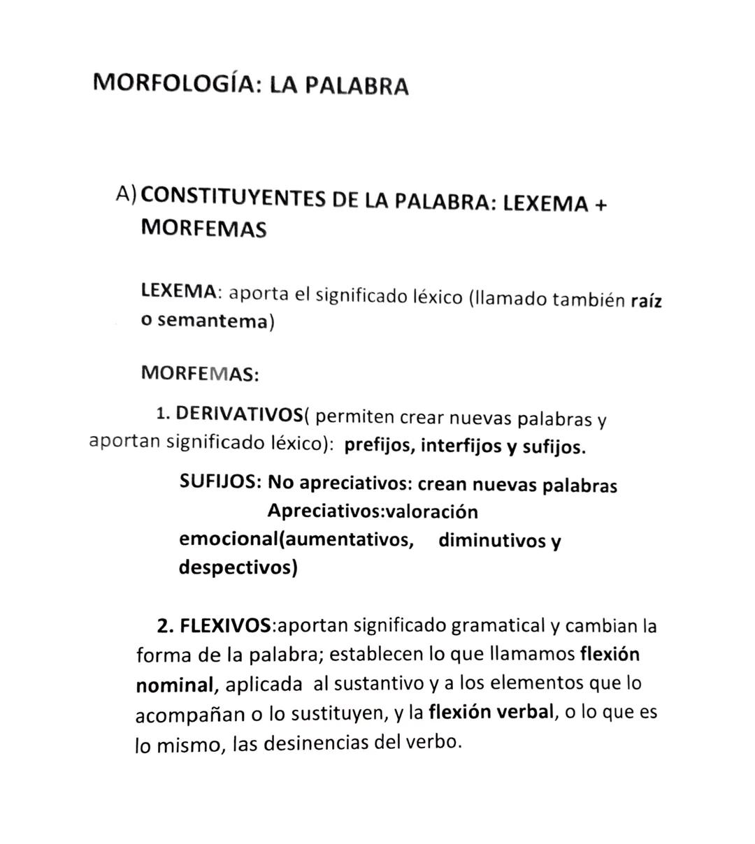 MORFOLOGÍA: LA PALABRA
A) CONSTITUYENTES DE LA PALABRA: LEXEMA +
MORFEMAS
LEXEMA: aporta el significado léxico (llamado también raíz
o seman