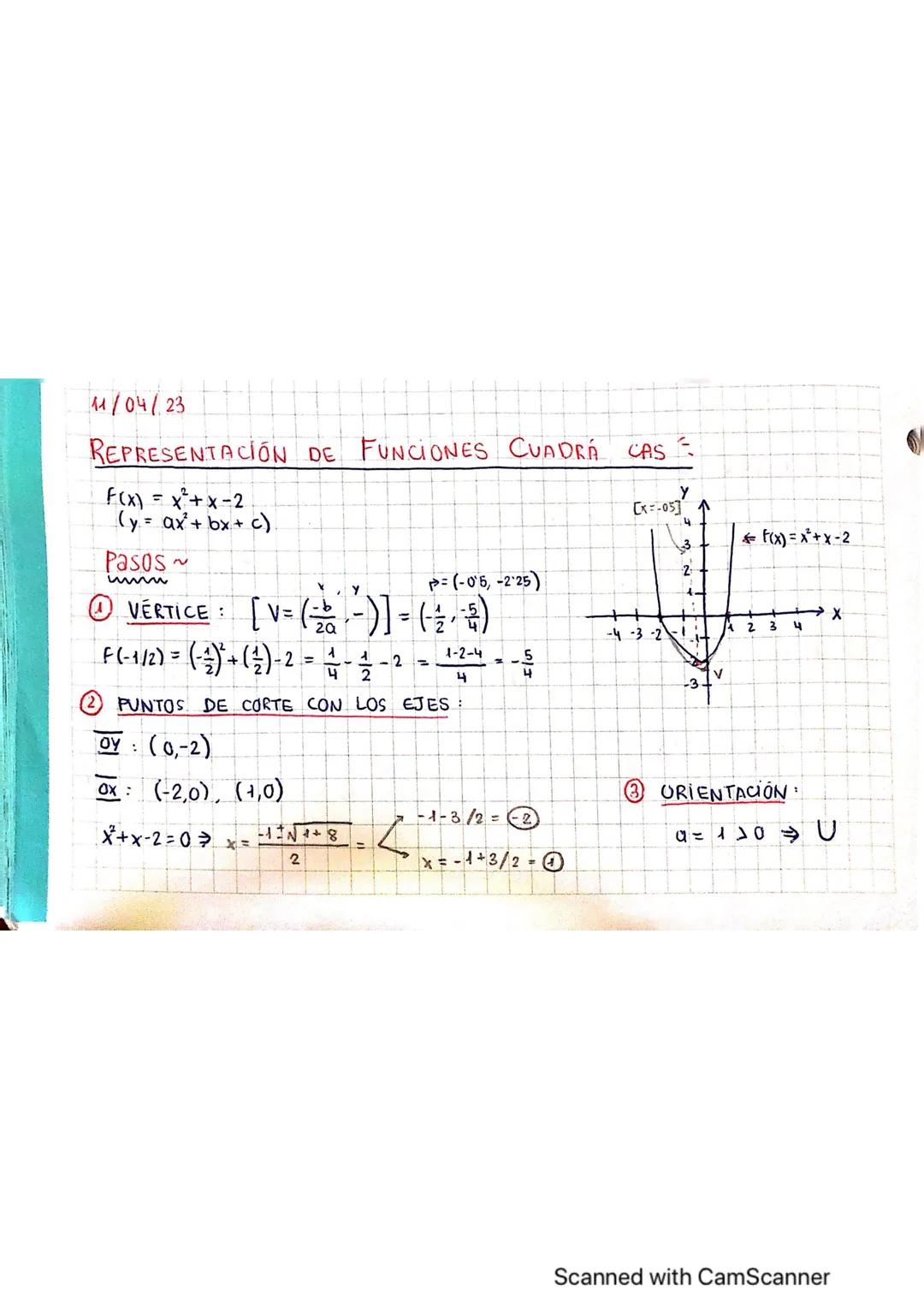 11/04/23

REPRESENTACIÓN DE FUNCIONES CUADRA CAS

F(x) = x²+x-2
(y=ax+bx+c)

Pasos~
www

Y
p= (-0.6, -2.25)
① VÉRTICE: $[V=(\frac{-b}{2a}, -