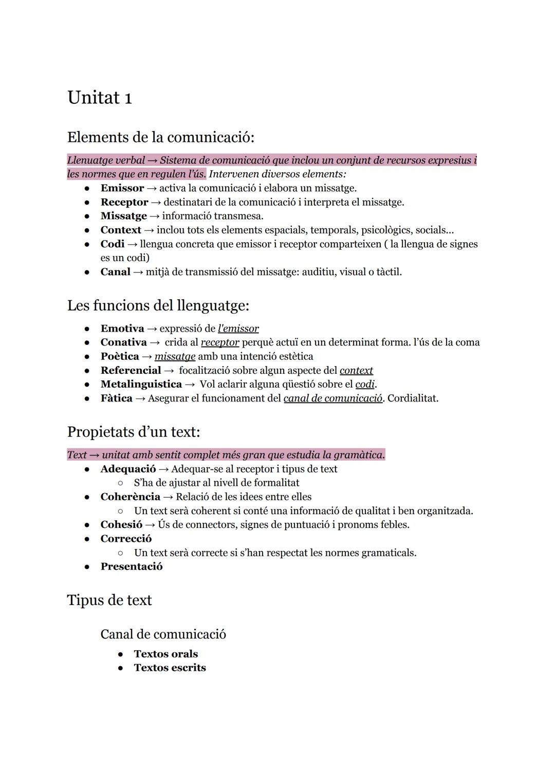 Unitat 1
Elements de la comunicació:
Llenuatge verbal → Sistema de comunicació que inclou un conjunt de recursos expresius i
les normes que 