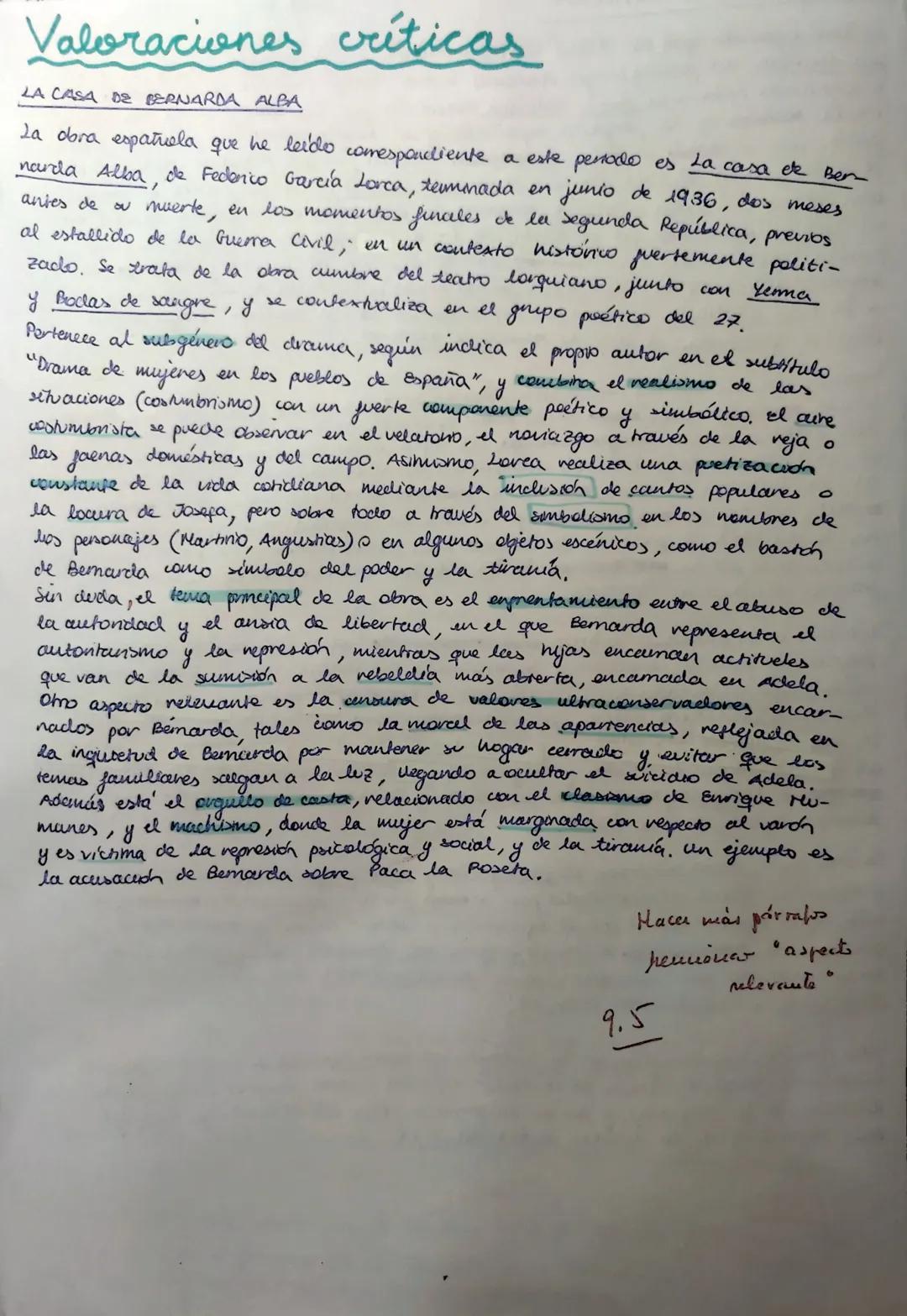 Valoraciones críticas
LA CASA DE BERNARDA ALBA
La obra españuela que he leido comespondiente a este periodo es La casa ek Ben
narda Alba, de