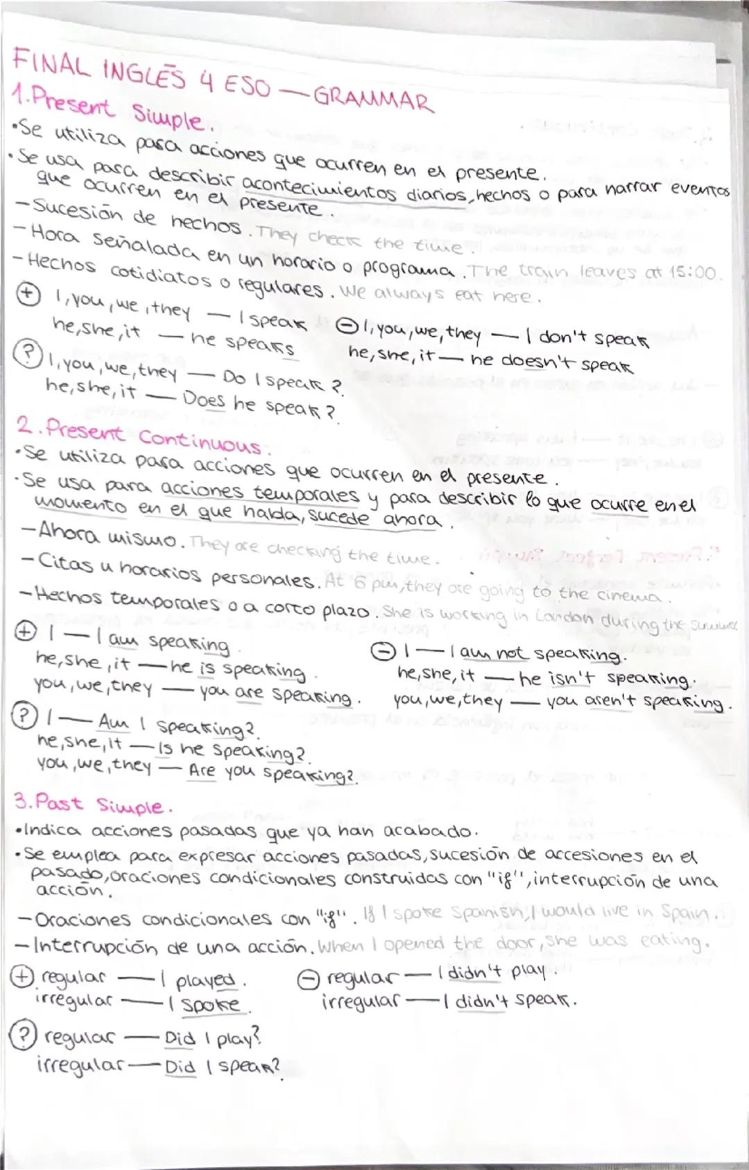 FINAL INGLES 4 ESO-GRAMMAR
1.Present Simple.
Se utiliza para acciones que ocurren en el presente.
Se usa para describir acontecimientos diar