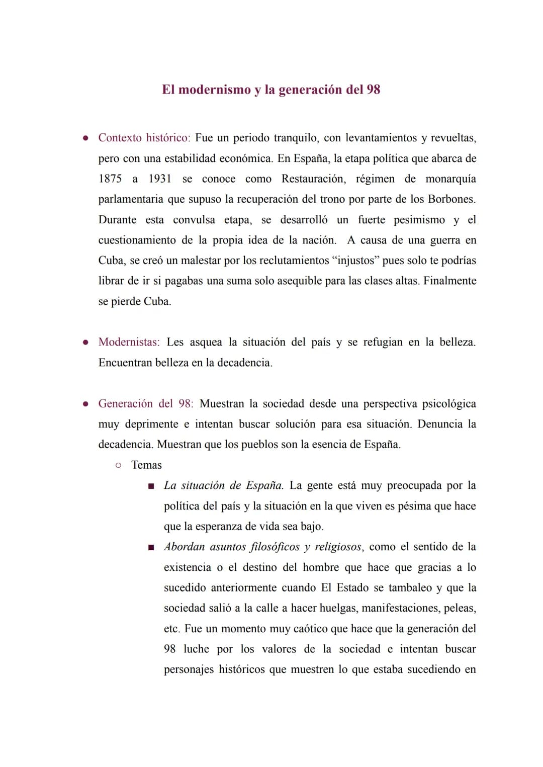 El modernismo y la generación del 98
• Contexto histórico: Fue un periodo tranquilo, con levantamientos y revueltas,
pero con una estabilida