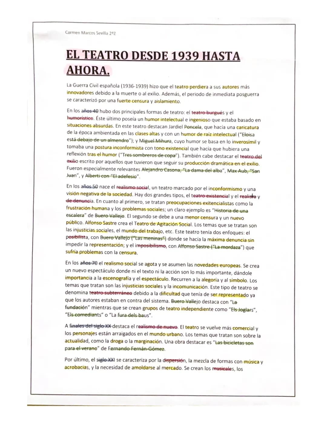 Carmen Marcos Sevilla 29Z
EL TEATRO DESDE 1939 HASTA
AHORA.
La Guerra Civil española (1936-1939) hizo que el teatro perdiera a sus autores m