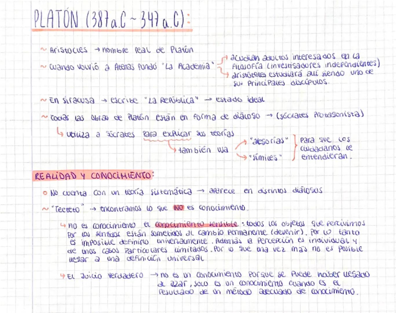 --- OCR Start ---
PLATON (387a.C~3470.0):
~Aristocies nombre real de Platón
~wando volvió a Atenas fundó "La Academia"
audion 2ductos intere