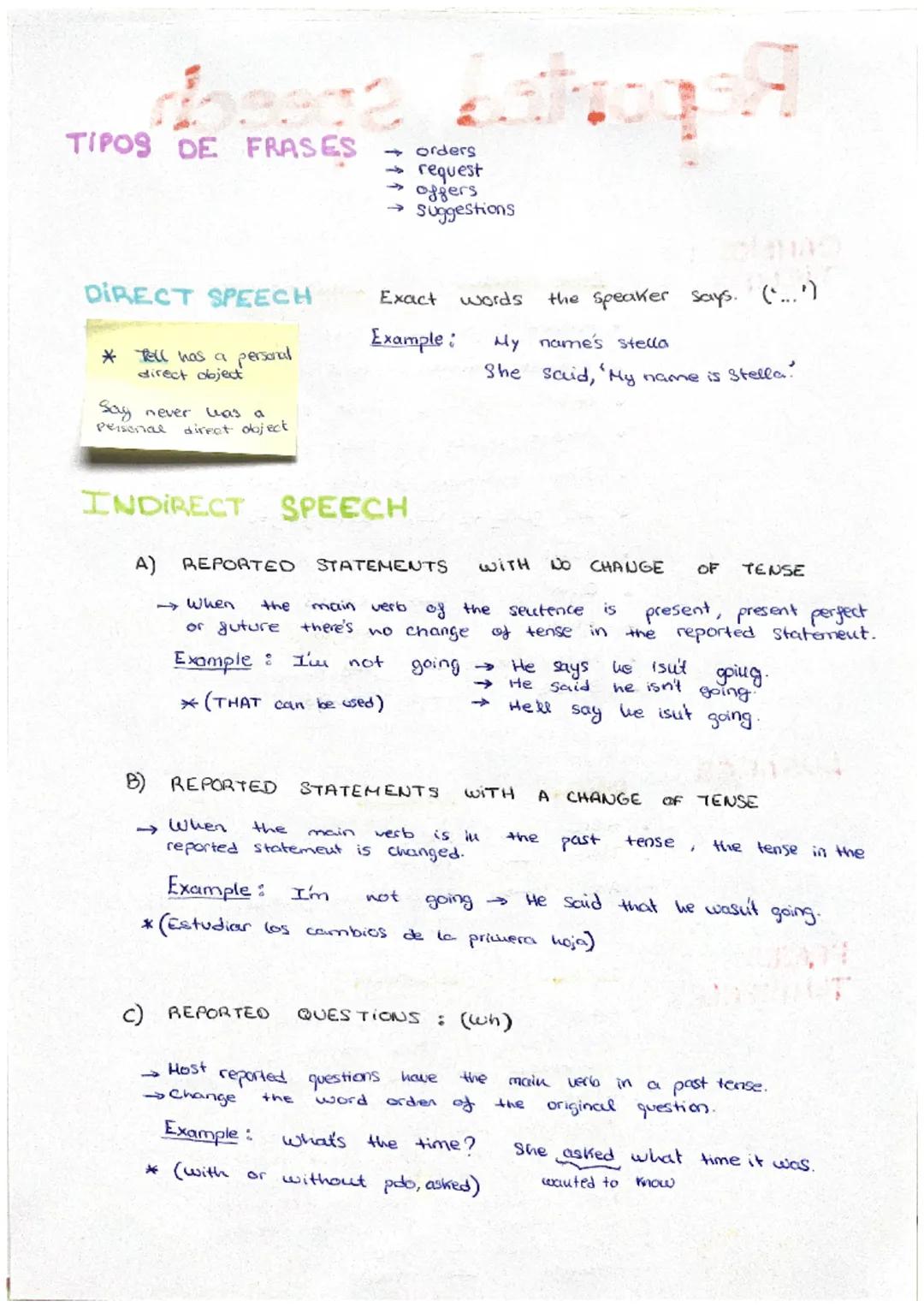 Reported speech
CAMBIOS DE
TIEMPO
LUGARES
FRASES
TEMPORALES
d
00
6
C
0
0
• Present simple →>
Past simple
Present continious Past continious
