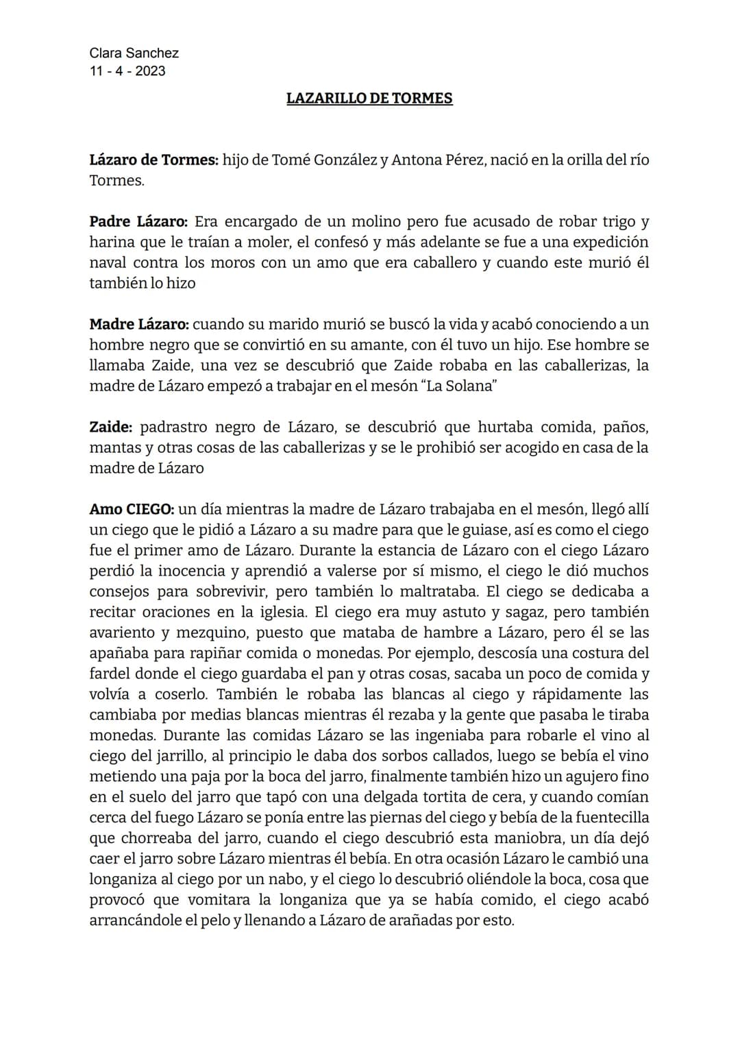 Clara Sanchez
114-2023
LAZARILLO DE TORMES
Lázaro de Tormes: hijo de Tomé González y Antona Pérez, nació en la orilla del río
Tormes.
Padre 