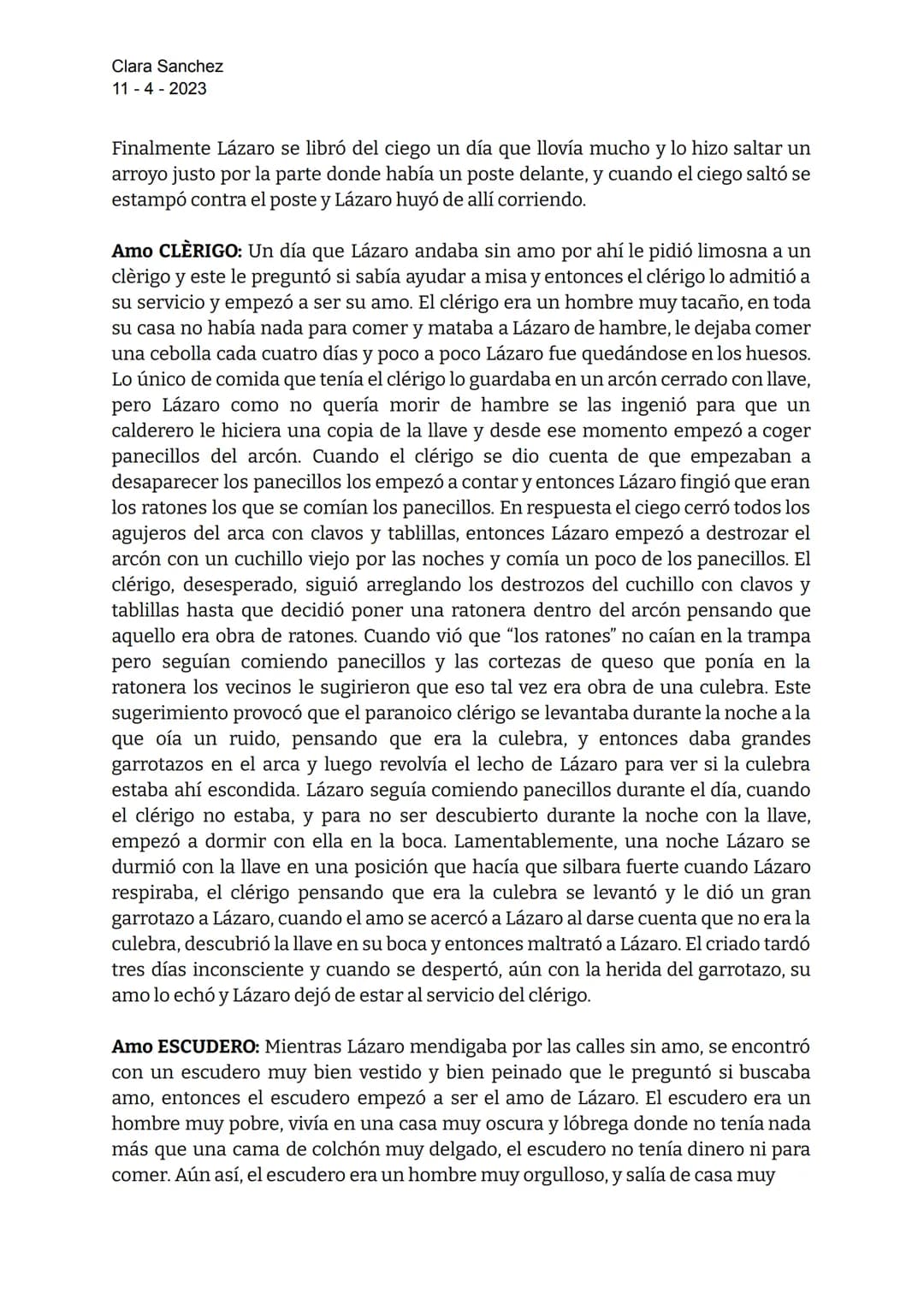 Clara Sanchez
114-2023
LAZARILLO DE TORMES
Lázaro de Tormes: hijo de Tomé González y Antona Pérez, nació en la orilla del río
Tormes.
Padre 