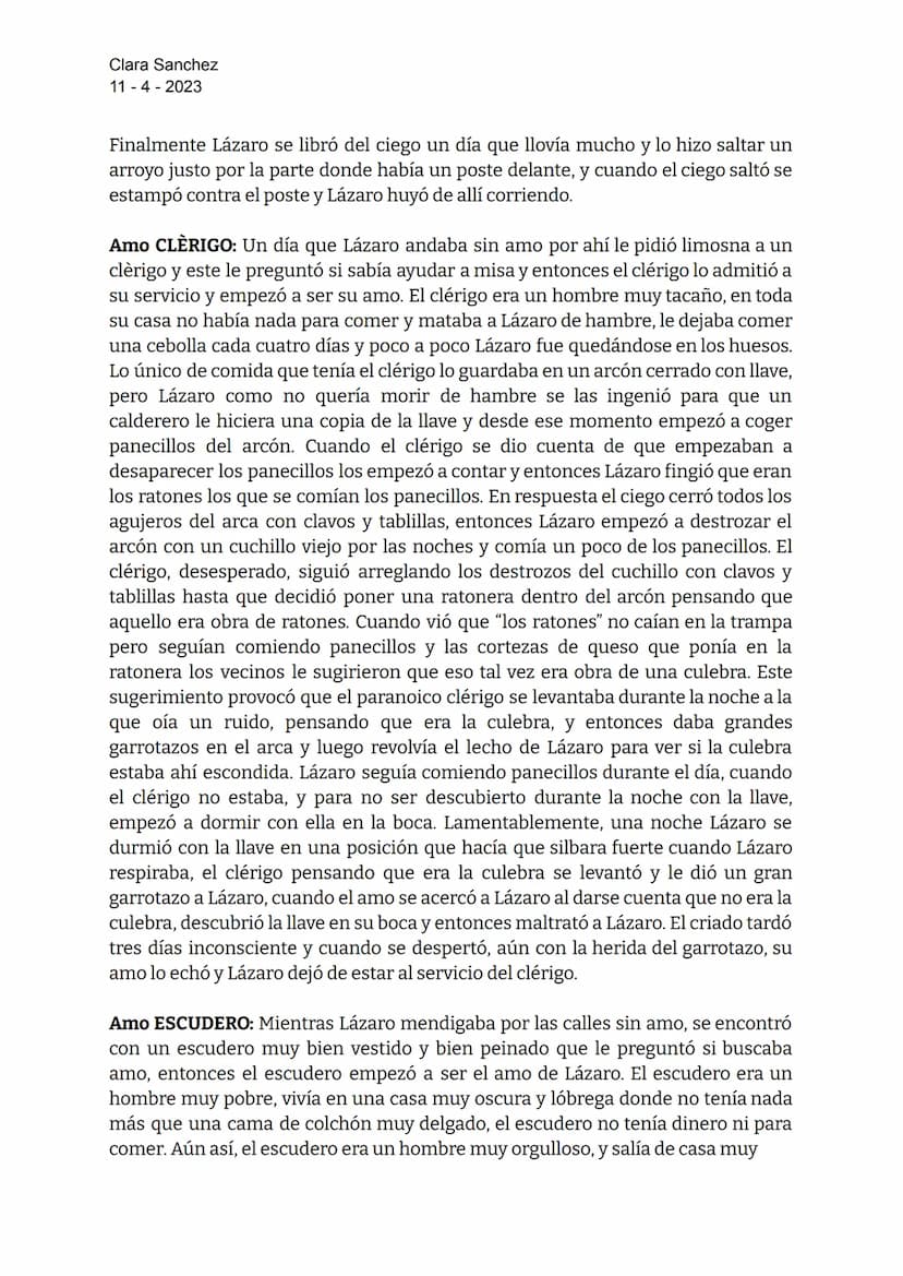 Clara Sanchez
114-2023
LAZARILLO DE TORMES
Lázaro de Tormes: hijo de Tomé González y Antona Pérez, nació en la orilla del río
Tormes.
Padre 