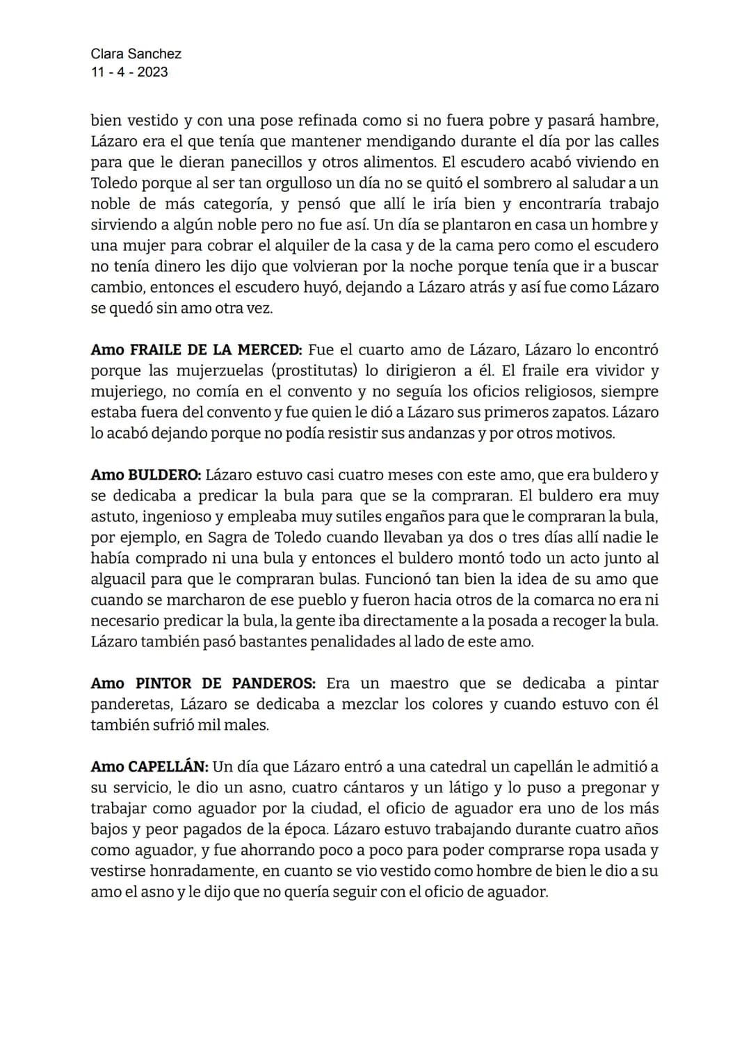 Clara Sanchez
114-2023
LAZARILLO DE TORMES
Lázaro de Tormes: hijo de Tomé González y Antona Pérez, nació en la orilla del río
Tormes.
Padre 