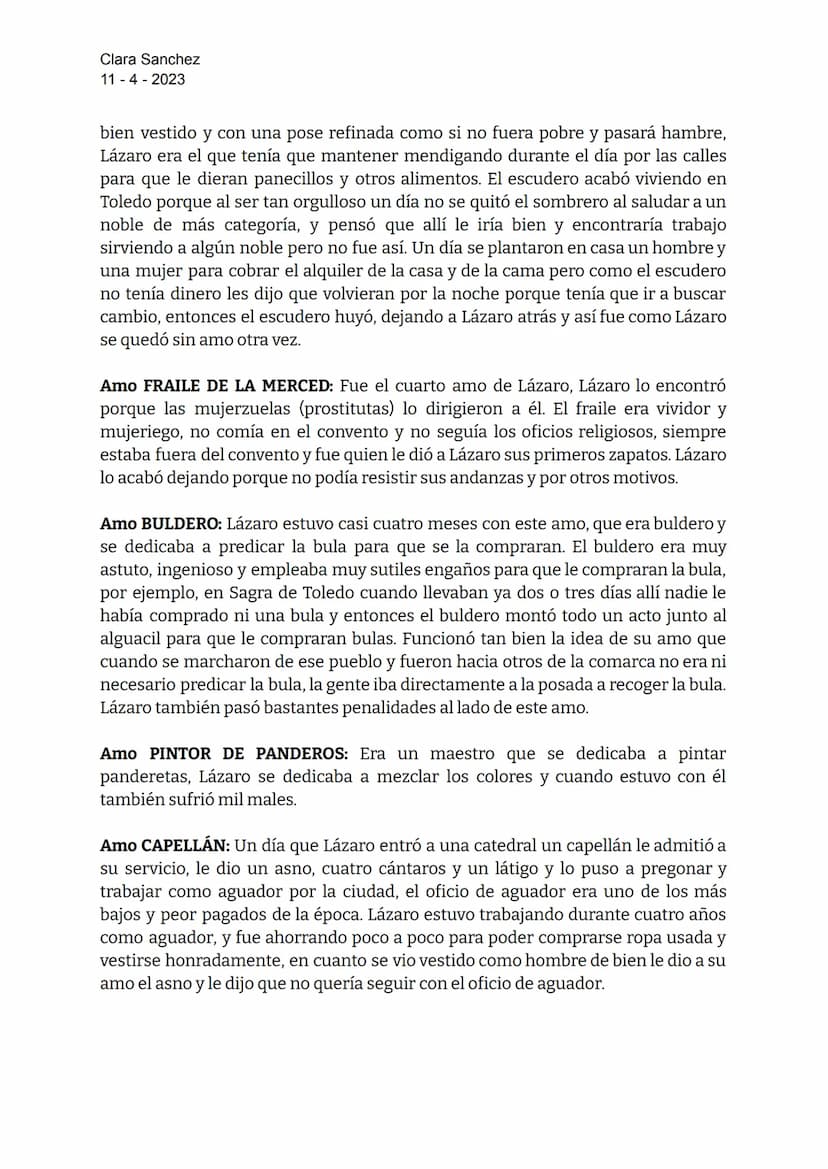 Clara Sanchez
114-2023
LAZARILLO DE TORMES
Lázaro de Tormes: hijo de Tomé González y Antona Pérez, nació en la orilla del río
Tormes.
Padre 