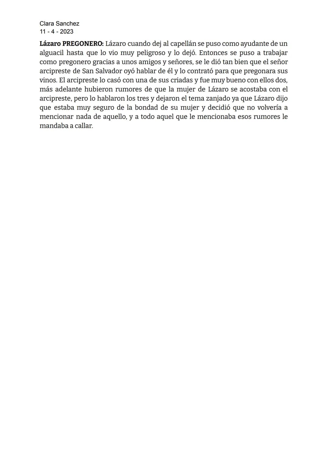 Clara Sanchez
114-2023
LAZARILLO DE TORMES
Lázaro de Tormes: hijo de Tomé González y Antona Pérez, nació en la orilla del río
Tormes.
Padre 