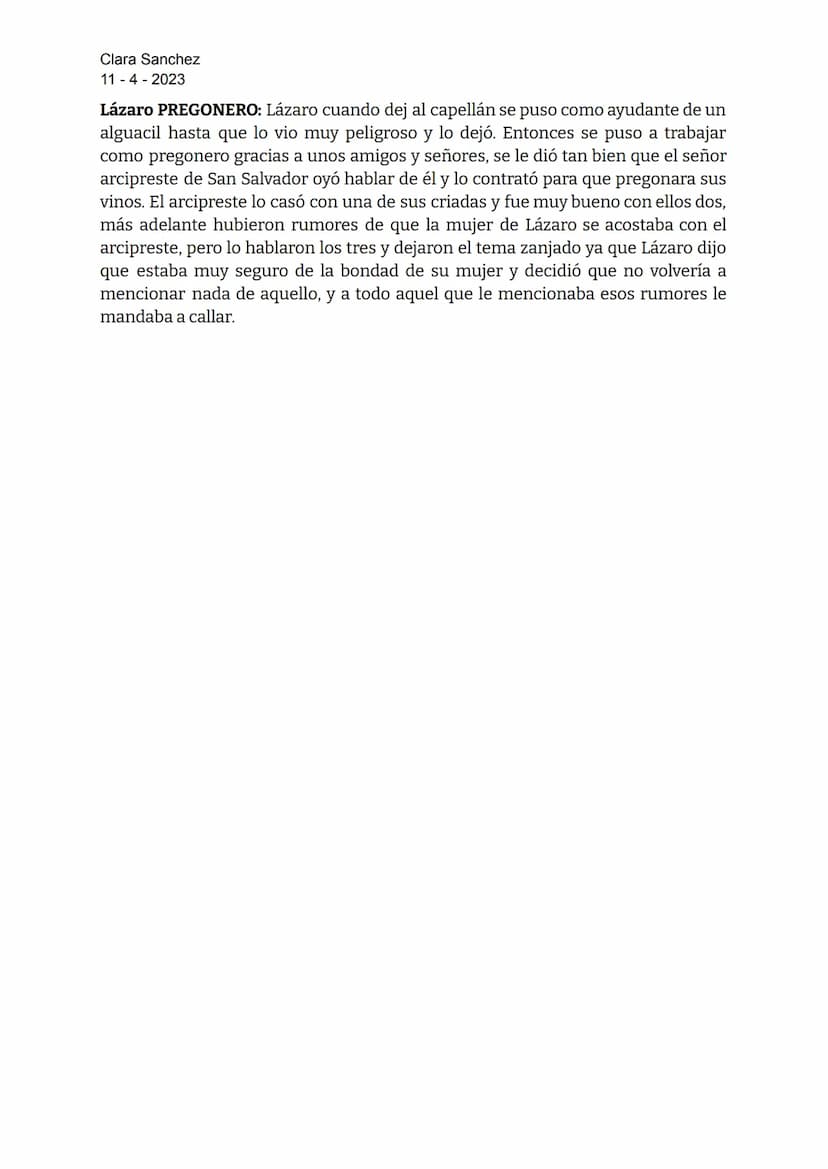 Clara Sanchez
114-2023
LAZARILLO DE TORMES
Lázaro de Tormes: hijo de Tomé González y Antona Pérez, nació en la orilla del río
Tormes.
Padre 