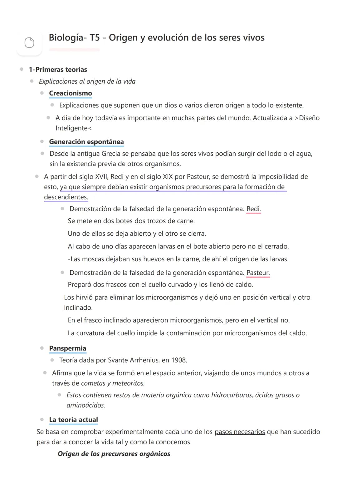 Biología - T5 - Origen y evolución de los seres vivos
• 1-Primeras teorías
● Explicaciones al origen de la vida
• Creacionismo
• Explicacion
