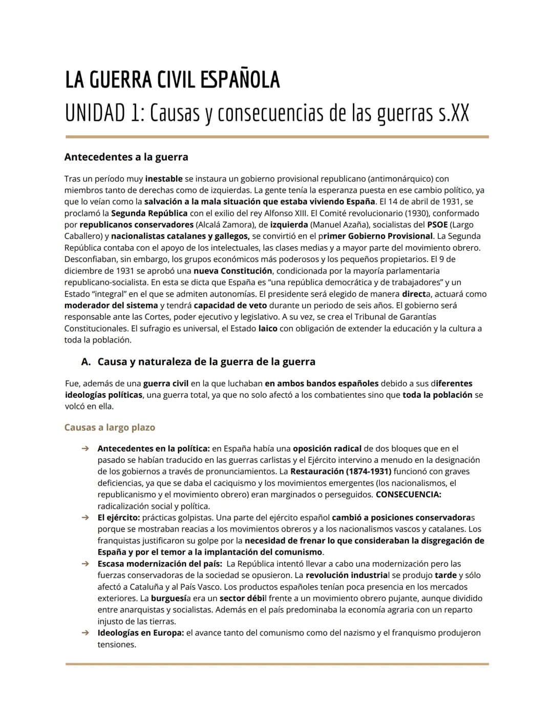 LA GUERRA CIVIL ESPAÑOLA
UNIDAD 1: Causas y consecuencias de las guerras s.XX
Antecedentes a la guerra
Tras un período muy inestable se inst