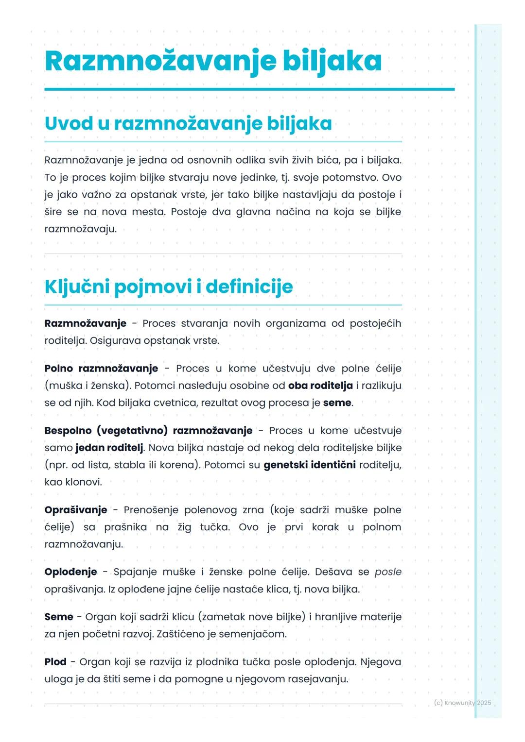 # Razmnožavanje biljaka

## Uvod u razmnožavanje biljaka

Razmnožavanje je jedna od osnovnih odlika svih živih bića, pa i biljaka. 
To je pr