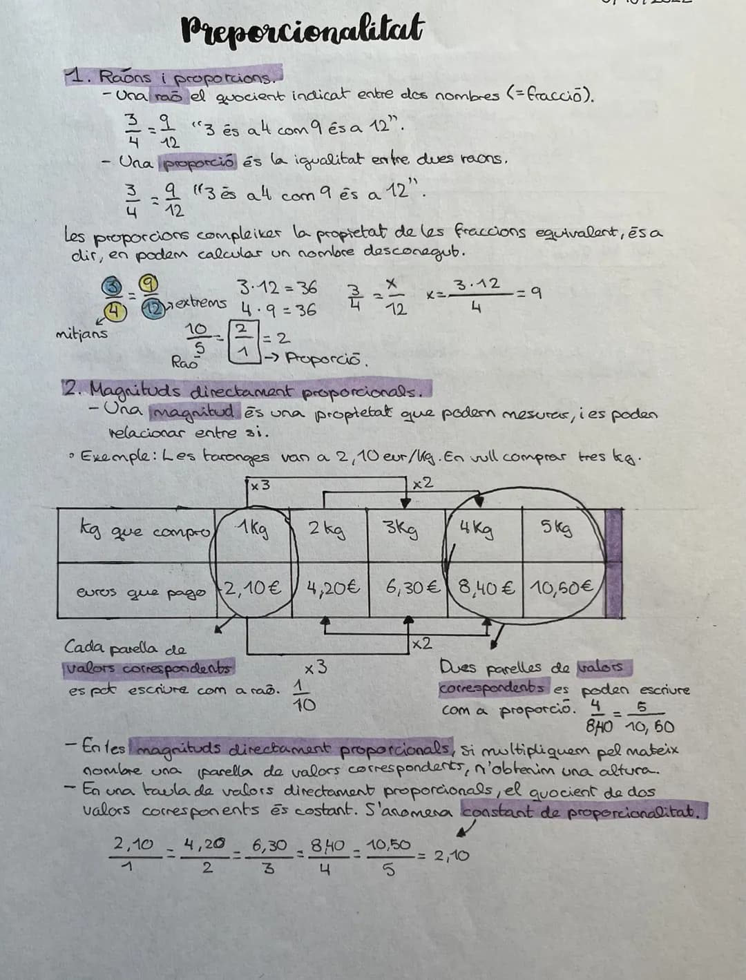 1. Raons i proporcions.
-Una rao el quocient indicat entre dos nombres (= fracció).
2-1 "3 és a 4 com 9 és a 12".
12
Preporcionalitat
mitjan