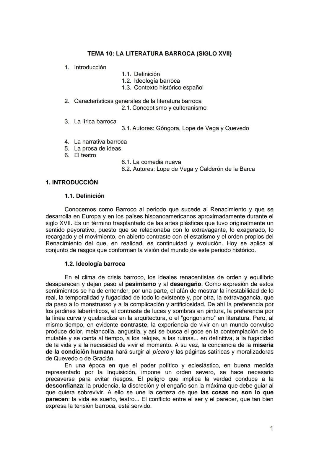 TEMA 10: LA LITERATURA BARROCA (SIGLO XVII)
1. Introducción
2. Características generales de la literatura barroca
2.1. Conceptismo y cultera
