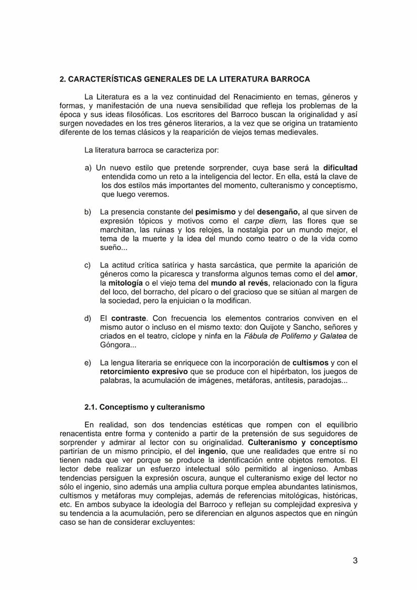 TEMA 10: LA LITERATURA BARROCA (SIGLO XVII)
1. Introducción
2. Características generales de la literatura barroca
2.1. Conceptismo y cultera
