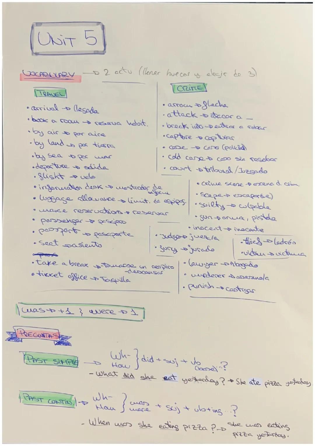 # UNIT 5

VOCABULARY →2 actu (llenar huecos y elegir de 3)

TRAVEL

*   arrival → llegada
*   book a room → reserva habit.
*   by air → por 