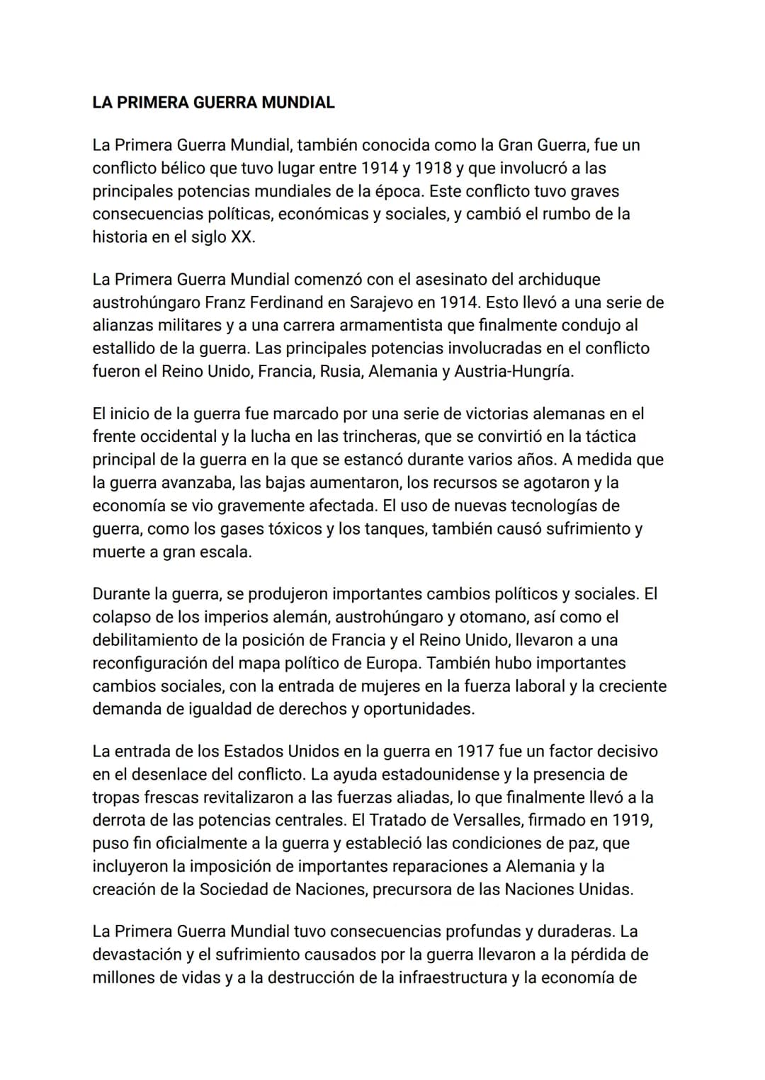 LA PRIMERA GUERRA MUNDIAL
La Primera Guerra Mundial, también conocida como la Gran Guerra, fue un
conflicto bélico que tuvo lugar entre 1914