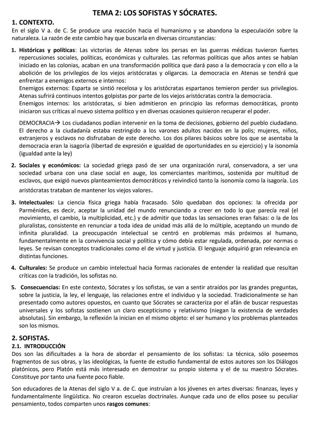 TEMA 2: LOS SOFISTAS Y SÓCRATES.
1. CONTEXTO.
En el siglo V a. de C. Se produce una reacción hacia el humanismo y se abandona la especulació