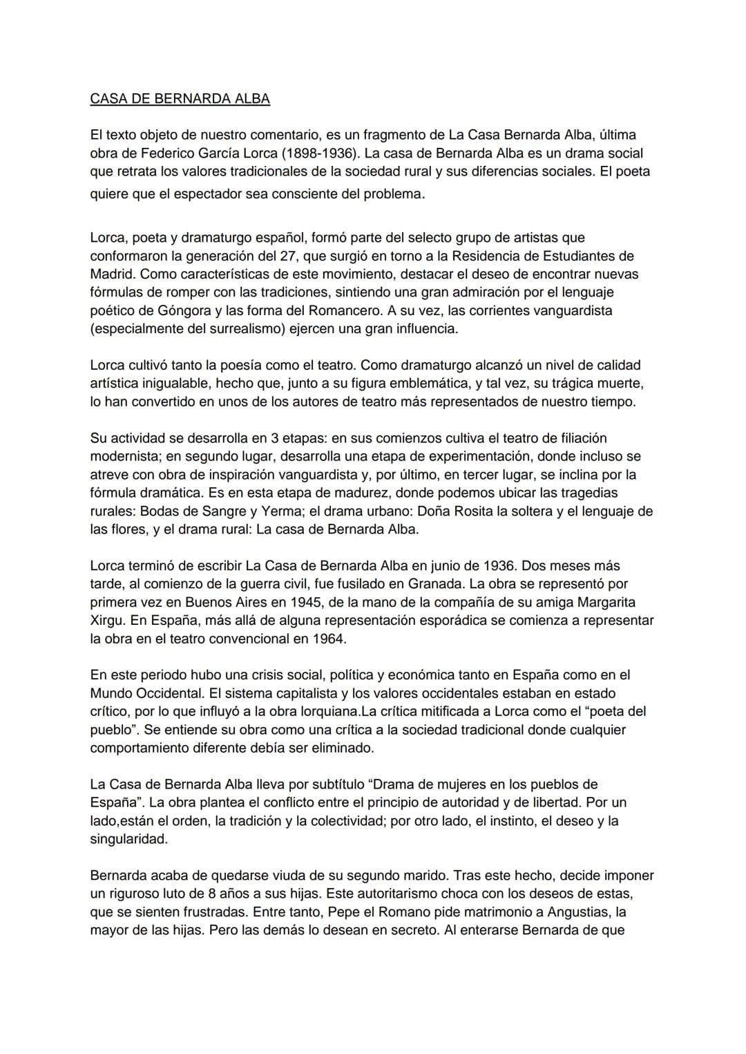 CASA DE BERNARDA ALBA
El texto objeto de nuestro comentario, es un fragmento de La Casa Bernarda Alba, última
obra de Federico García Lorca 