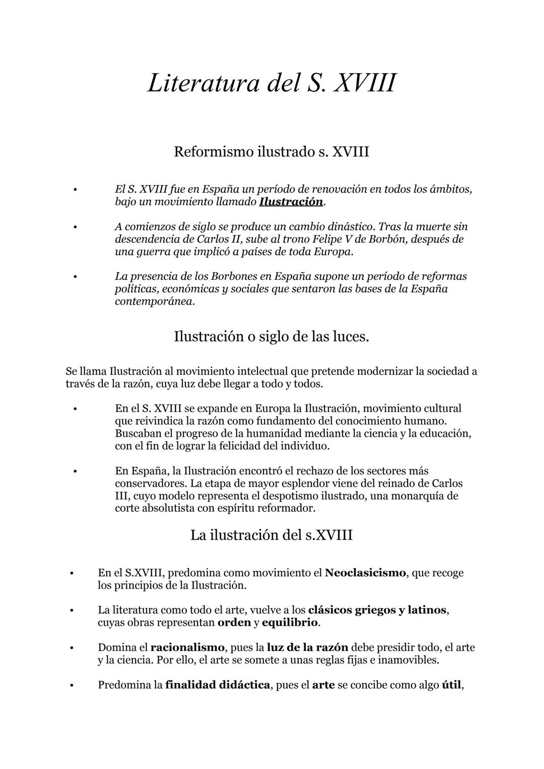 Literatura del S. XVIII
●
Reformismo ilustrado s. XVIII
El S. XVIII fue en España un período de renovación en todos los ámbitos,
bajo un mov