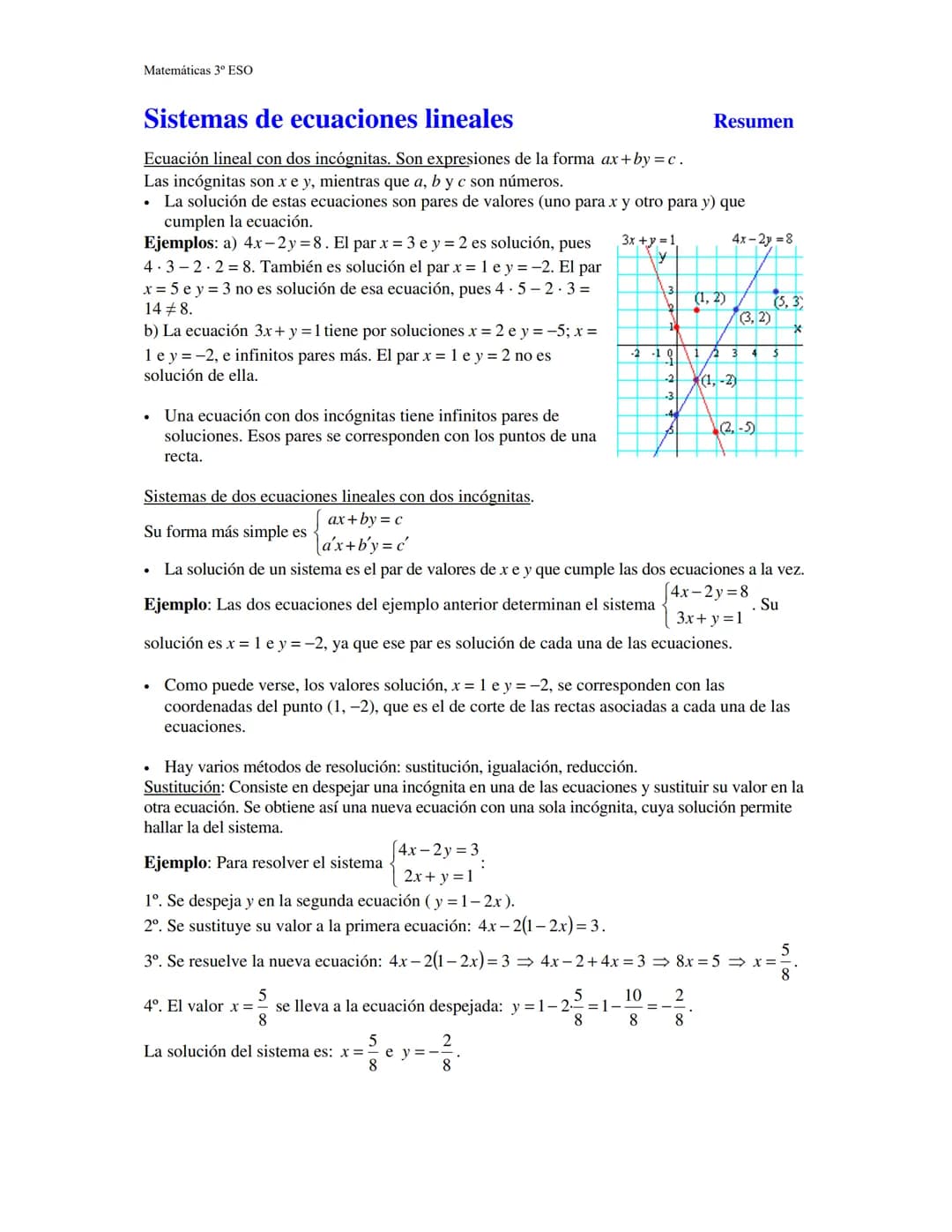 Matemáticas 3º ESO
Sistemas de ecuaciones lineales
Ecuación lineal con dos incógnitas. Son expresiones de la forma ax+by = c.
Las incógnitas