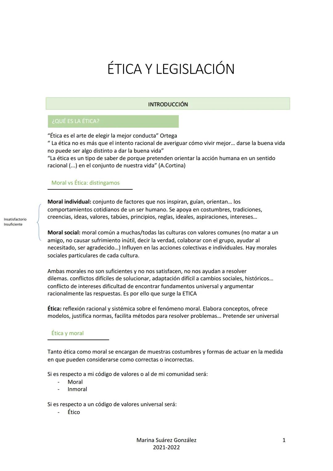 Insatisfactorio
Insuficiente

# ÉTICA Y LEGISLACIÓN

## INTRODUCCIÓN

### ¿QUÉ ES LA ÉTICA?

"Ética es el arte de elegir la mejor conducta" 