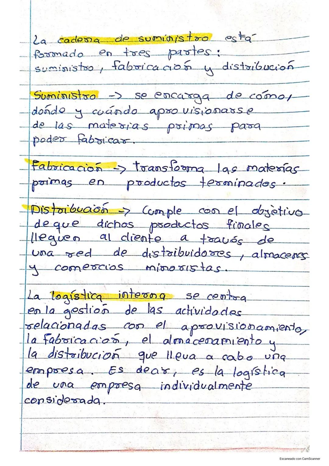 Apuntes
La logistica integral. es el
gestion de la cadena de.
proceso
suministro
planifica, lleva a cabo y controla
las tres elementos.
que
