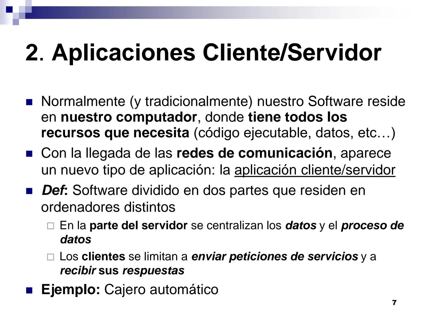 Internet, características
y evolución. Tendencias 1.
Introducción
2. Aplicaciones Cliente/Servidor
- "Cliente Pesado"
- "Cliente Ligero"
Apl