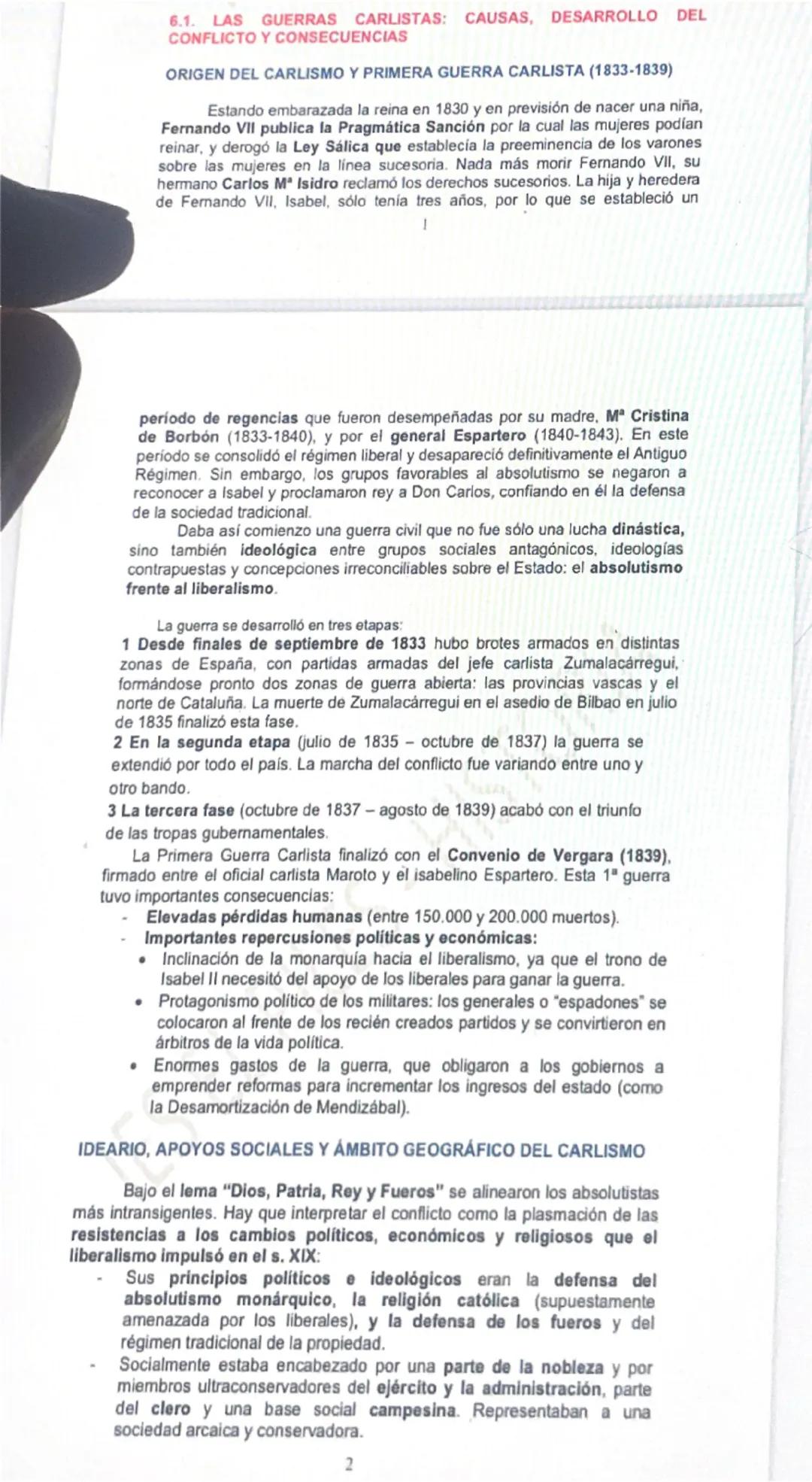 # 6.1. LAS GUERRAS CARLISTAS: CAUSAS, DESARROLLO DEL
CONFLICTO Y CONSECUENCIAS

# ORIGEN DEL CARLISMO Y PRIMERA GUERRA CARLISTA (1833-1839)
